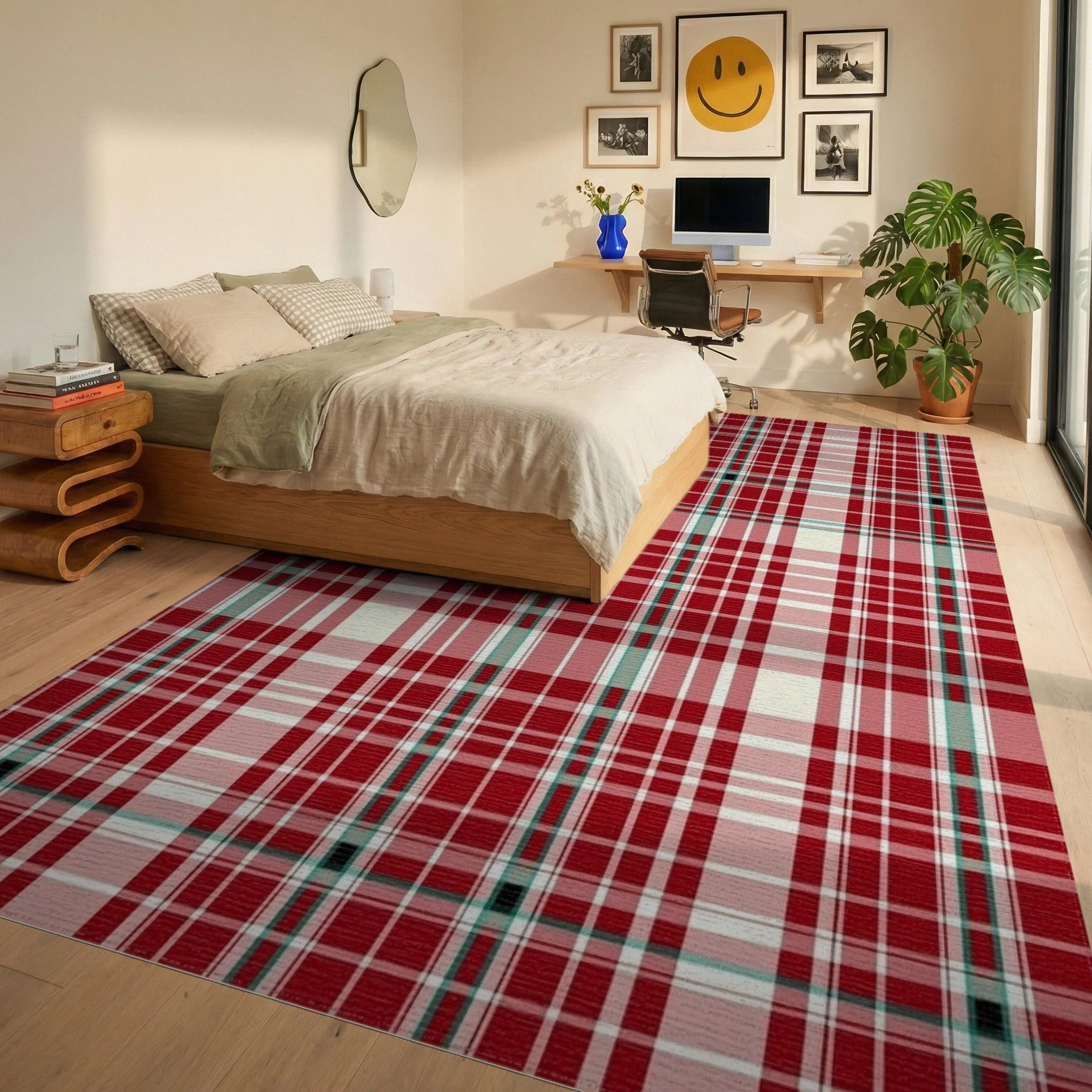 Classic Red White Plaid Pattern Rug - Bedroom View
