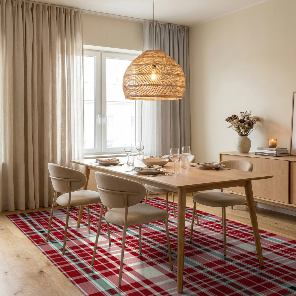 Classic Red White Plaid Pattern Rug - Dining Room View