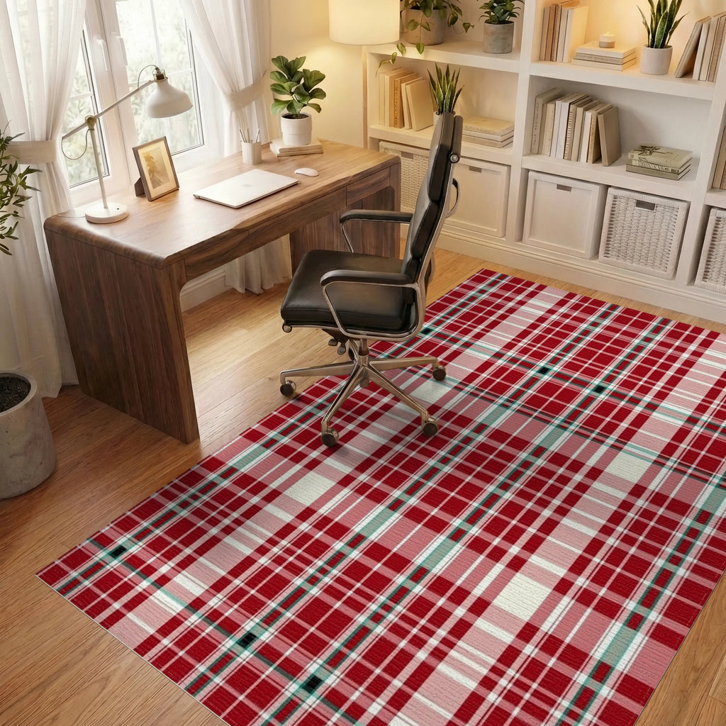 Classic Red White Plaid Pattern Rug - Office View