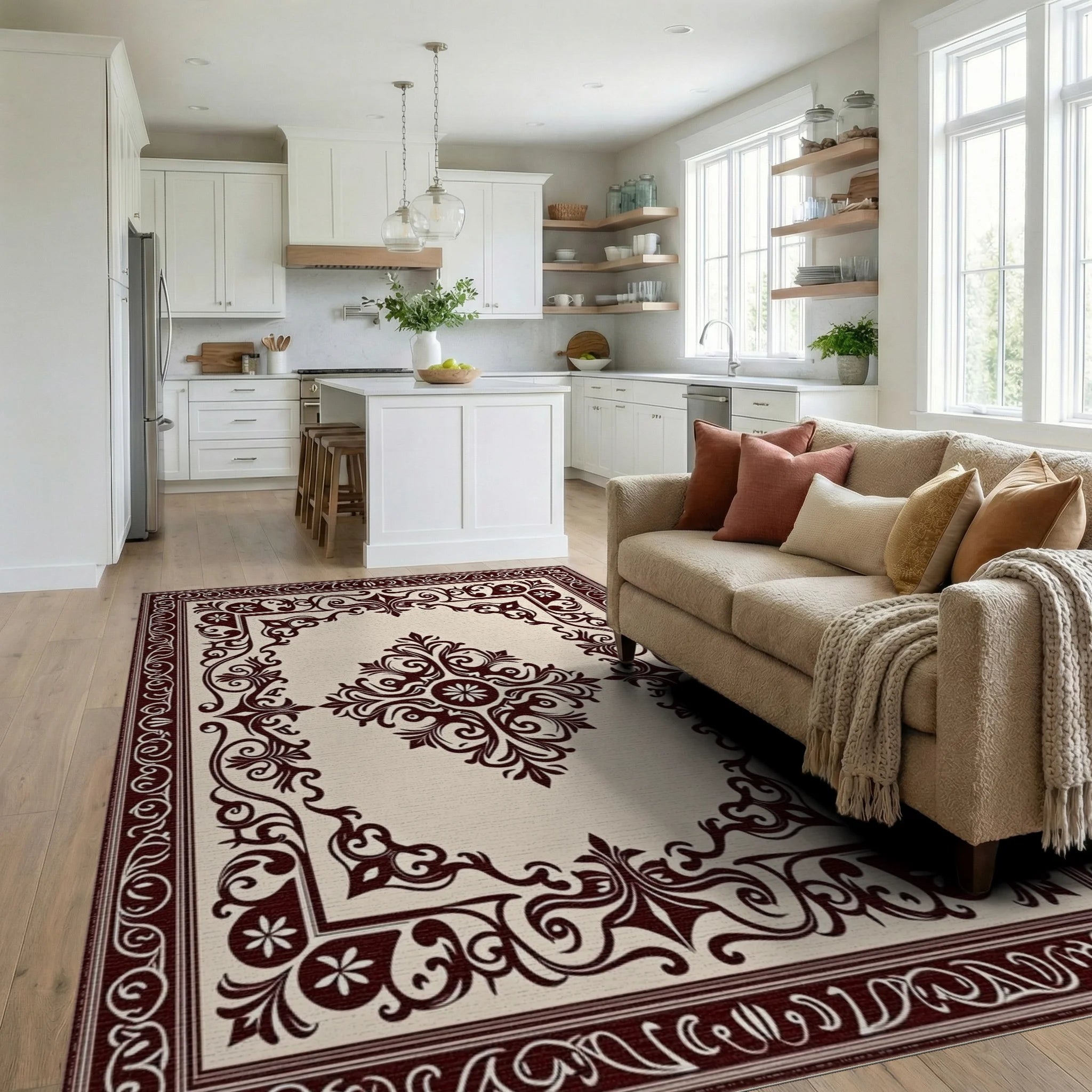 Classic Scrollwork With Floral Motifs Rug Living Room View