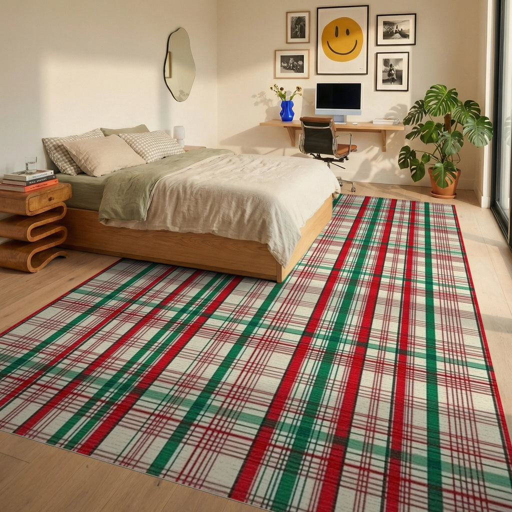 Classic Tartan Red Green Plaid Design Rug - Bedroom View