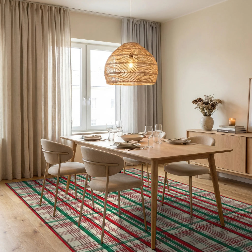 Classic Tartan Red Green Plaid Design Rug - Dining Room View