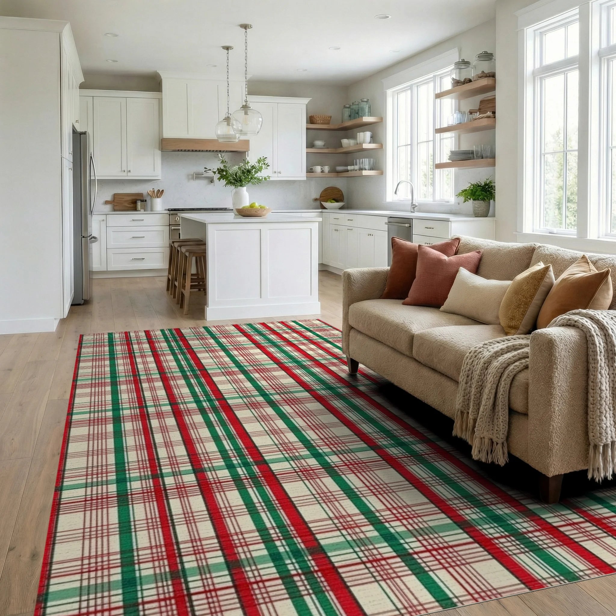 Classic Tartan Red Green Plaid Design Rug - Living Room View