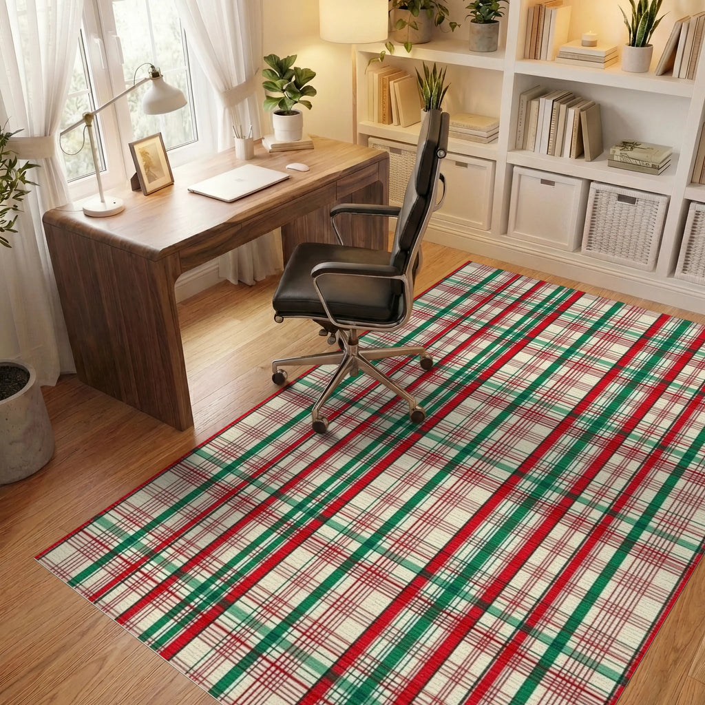 Classic Tartan Red Green Plaid Design Rug - Office View