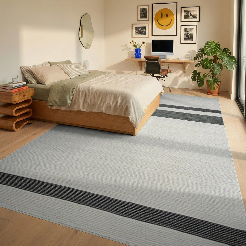 Classic White Black Stripe Accent Rug - Bedroom View