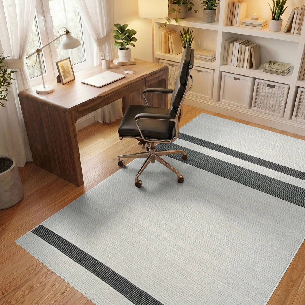 Classic White Black Stripe Accent Rug - Office View