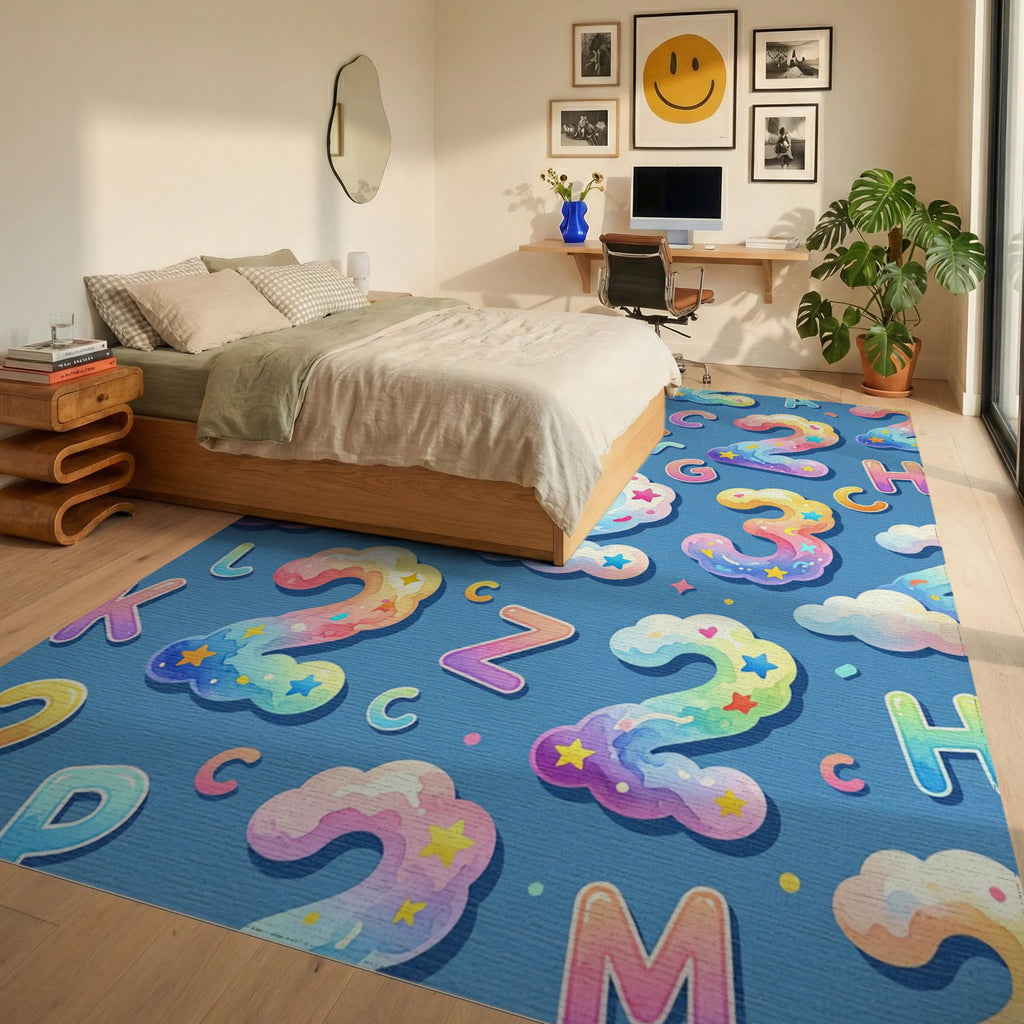 Cloud Numbers and Letters Rainbow Colors Rug Bedroom View