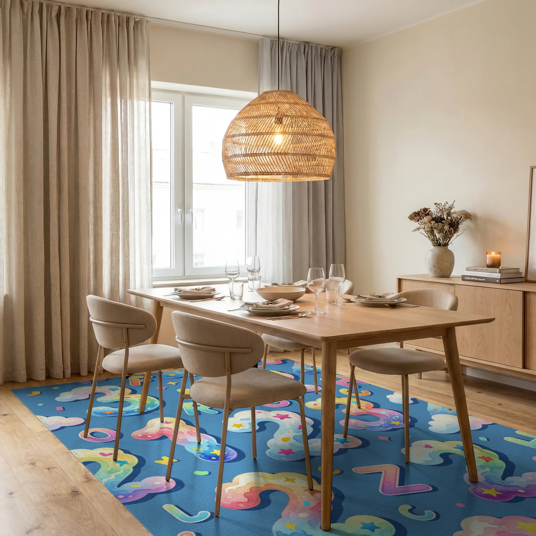 Cloud Numbers and Letters Rainbow Colors Rug Dining Room View