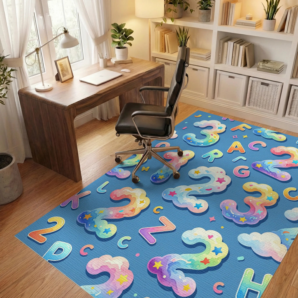 Cloud Numbers and Letters Rainbow Colors Rug Office View