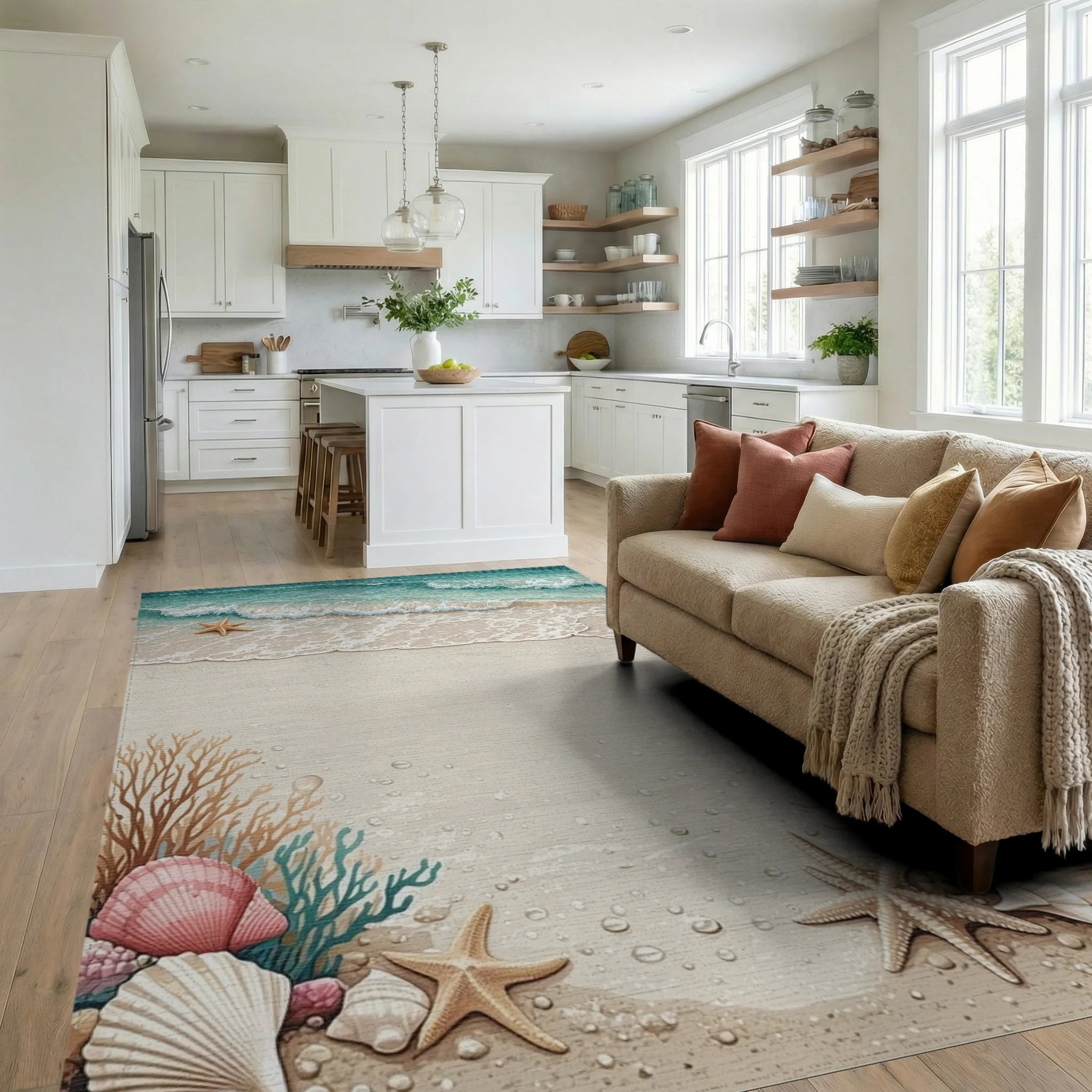 Coastal Beach Seashell Starfish Design Rug - Living Room View