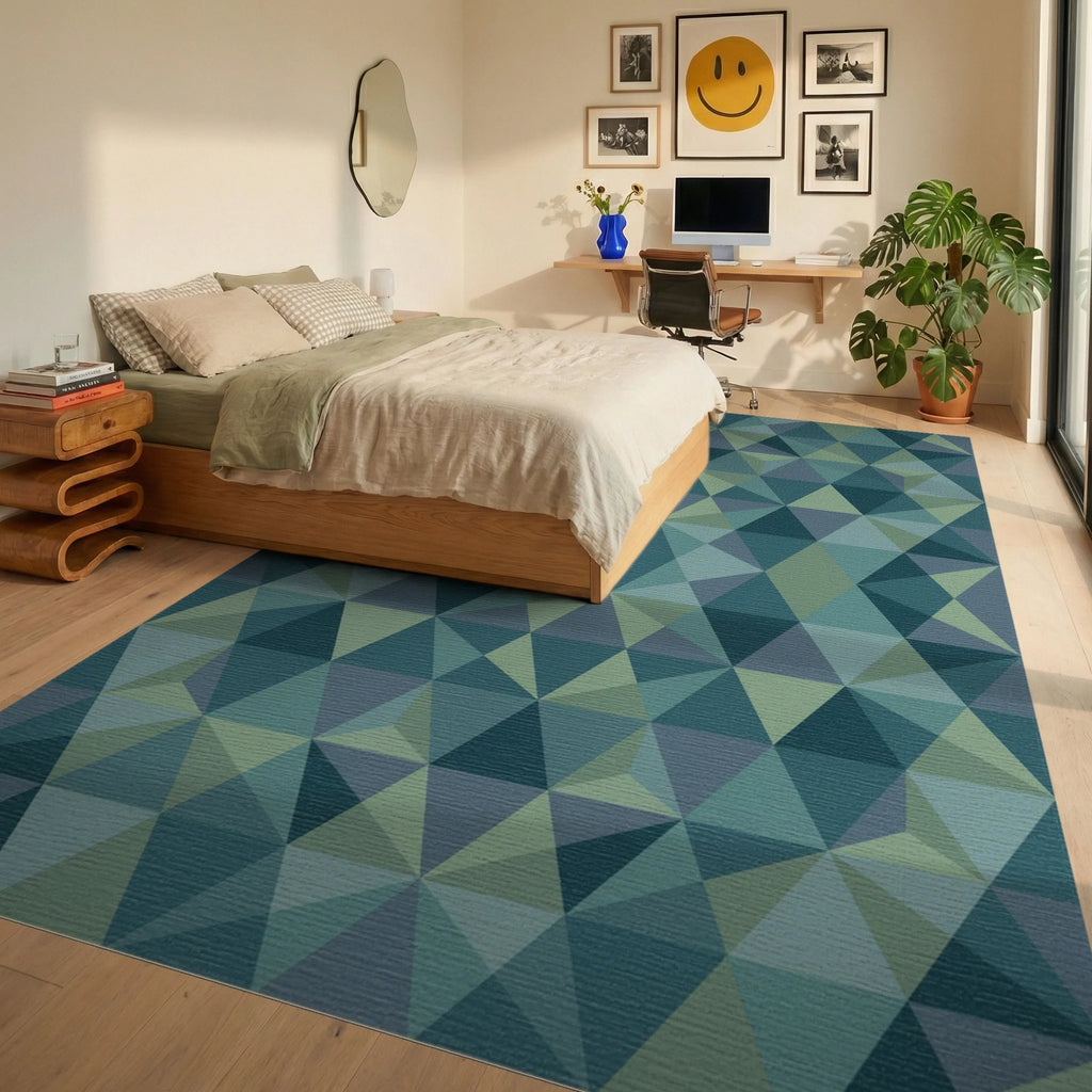 Coastal Blue Geometric Facet Rug Bedroom View