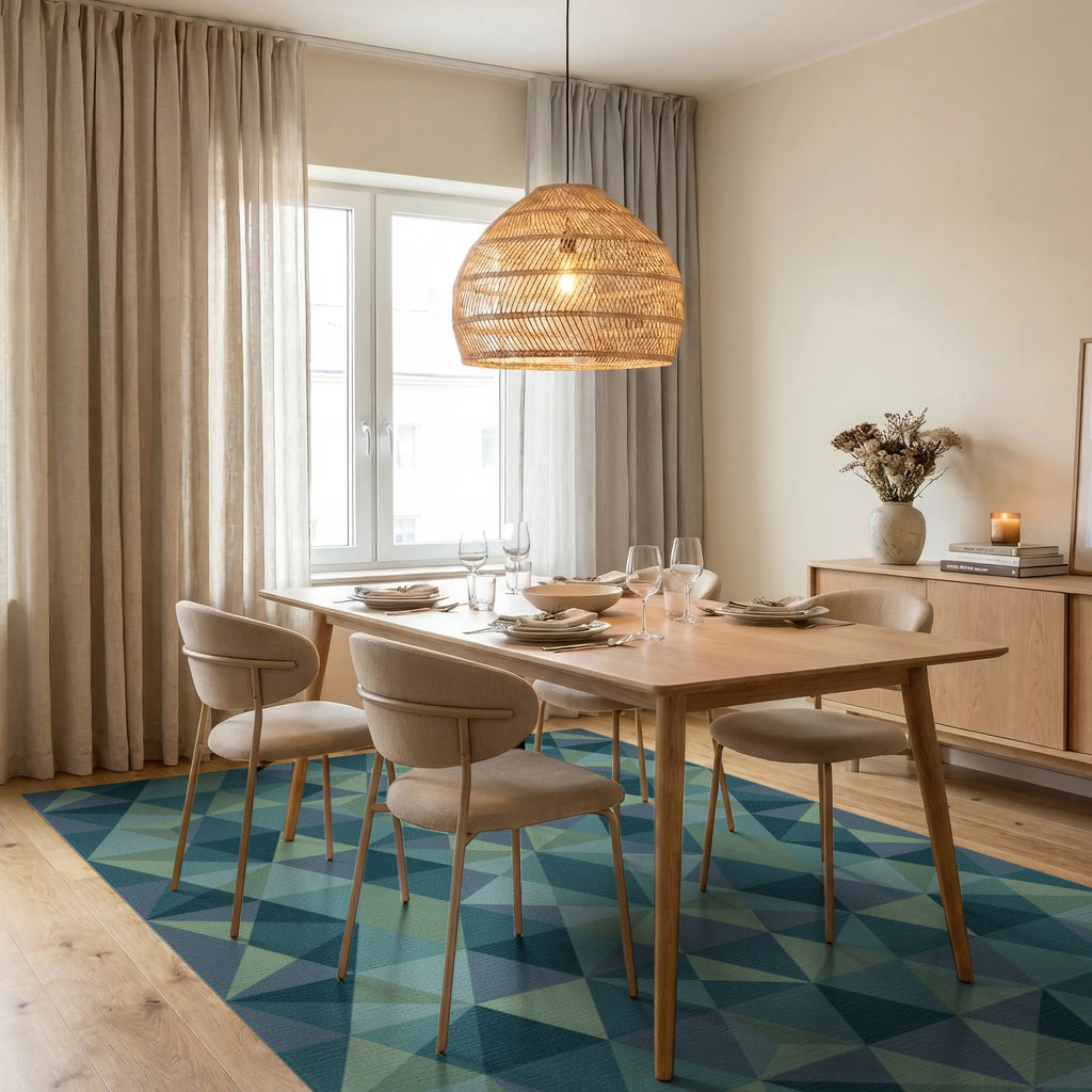Coastal Blue Geometric Facet Rug Dining Room View