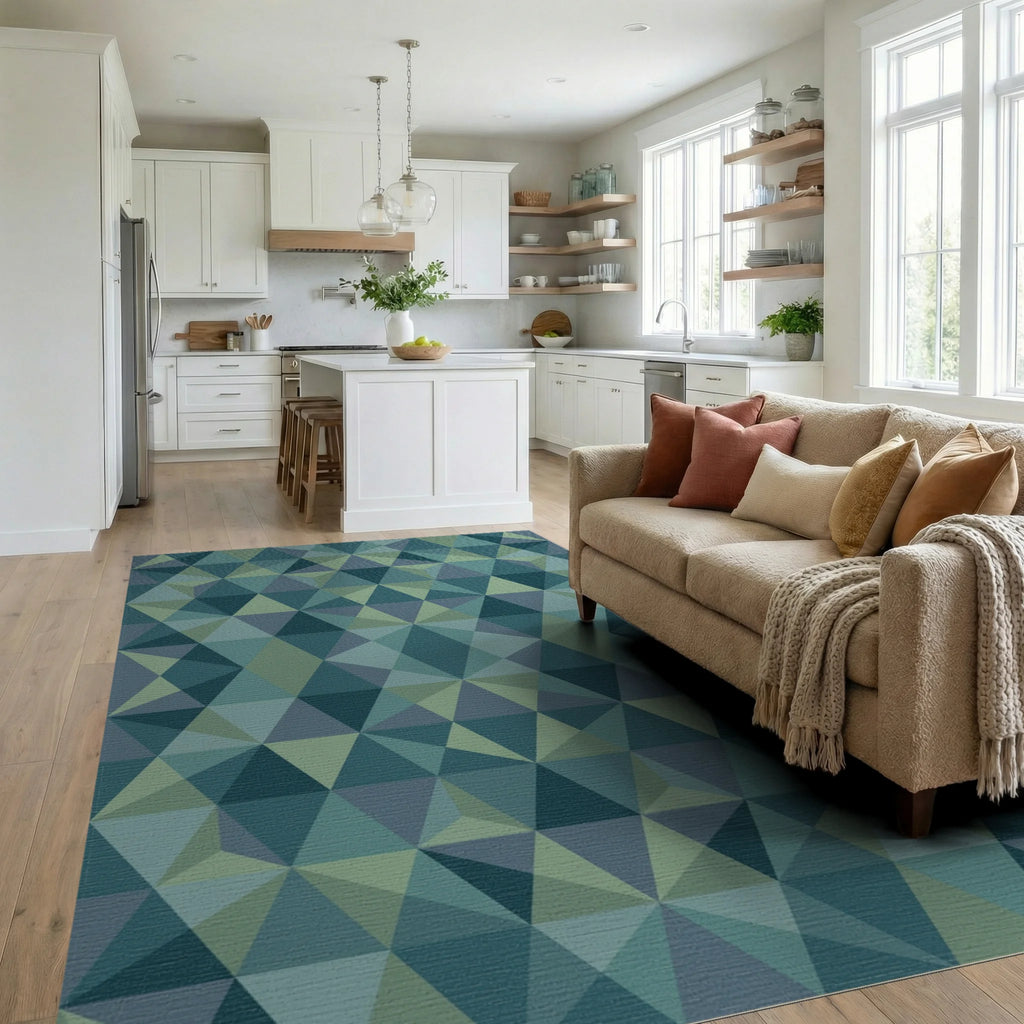 Coastal Blue Geometric Facet Rug Living Room View