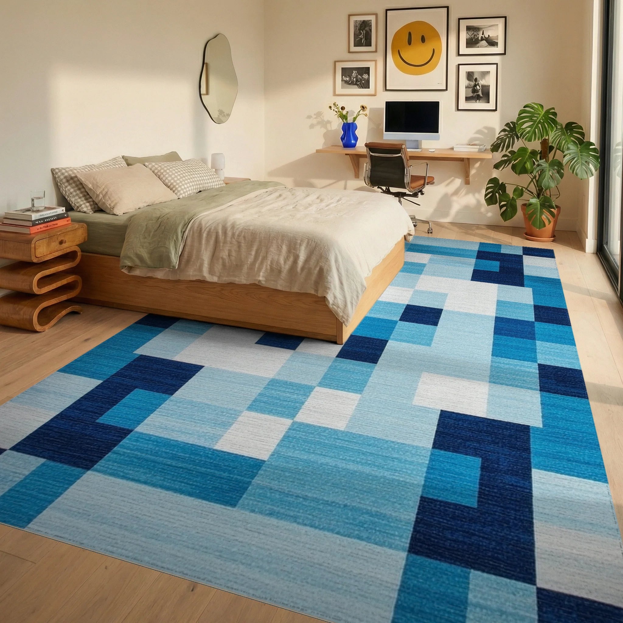 Coastal Blue Geometric Gradient Squares Rug Bedroom View