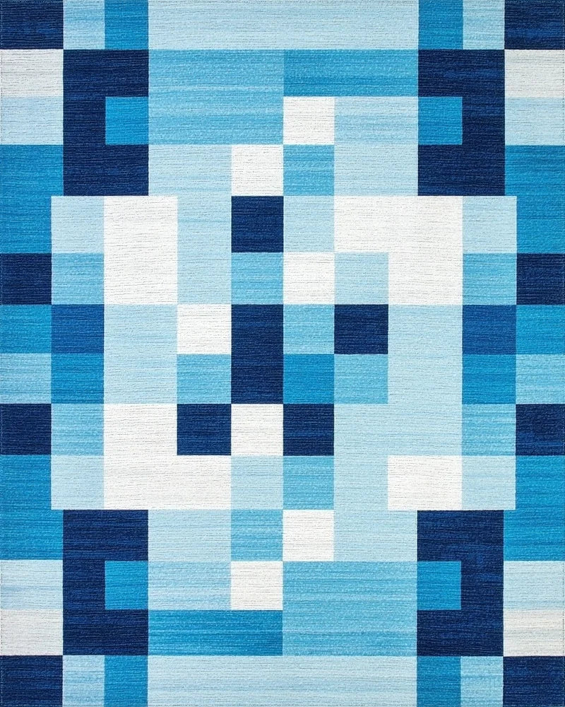 Coastal Blue Geometric Gradient Squares Rug - Cutout View