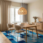Coastal Blue Geometric Gradient Squares Rug Dining Room View
