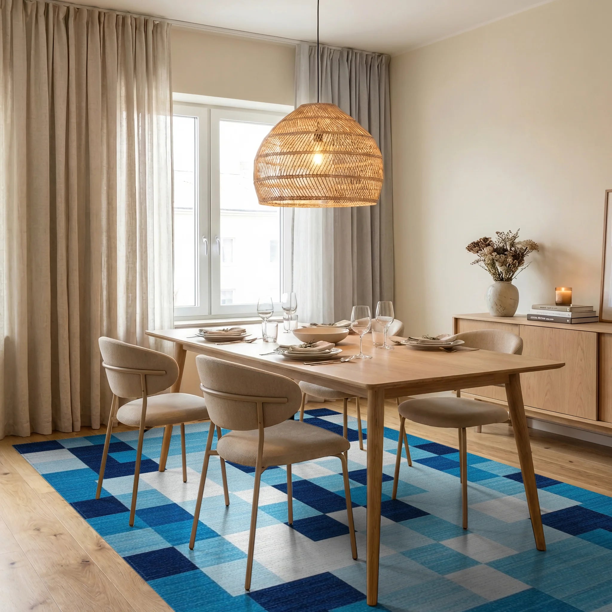 Coastal Blue Geometric Gradient Squares Rug Dining Room View