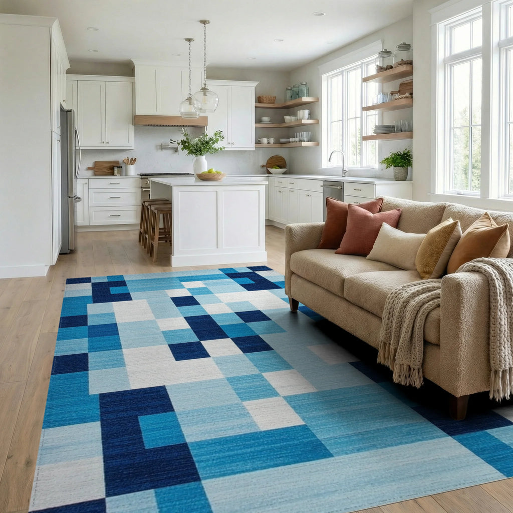 Coastal Blue Geometric Gradient Squares Rug Living Room View