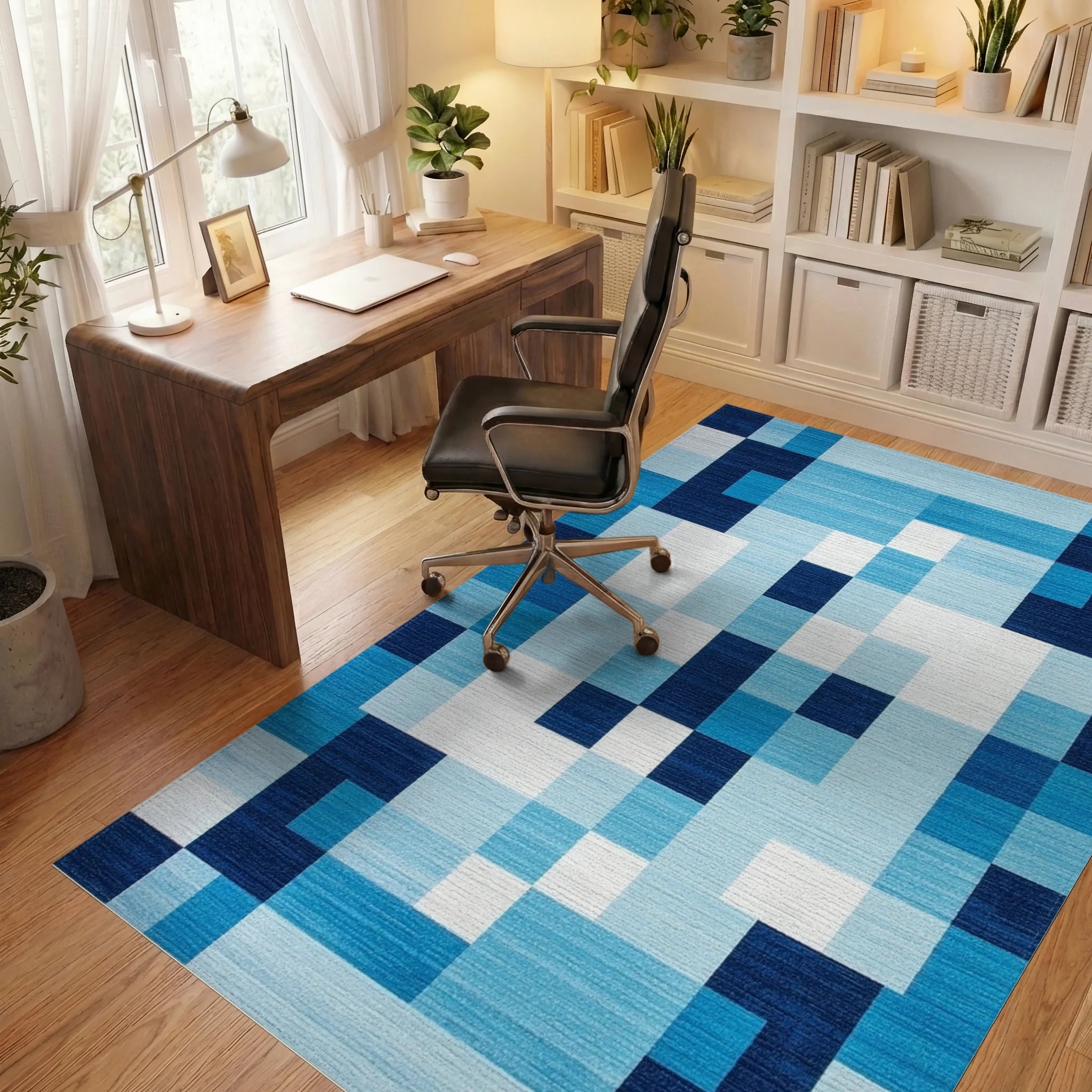 Coastal Blue Geometric Gradient Squares Rug Office View