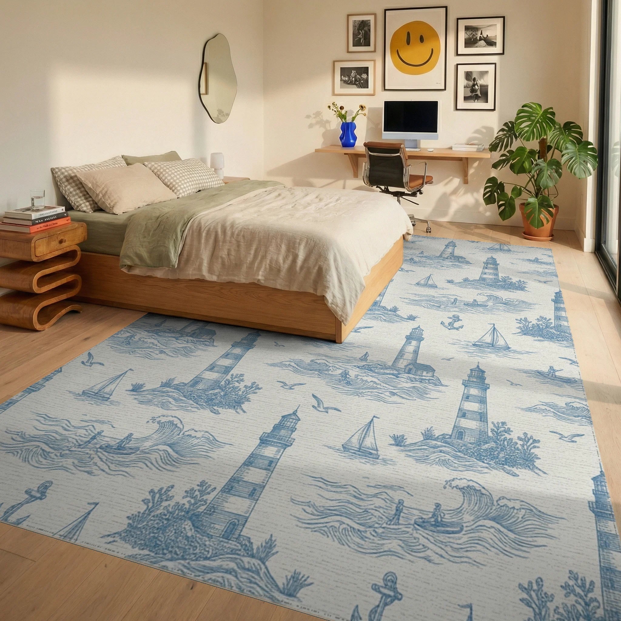 Coastal Blue Lighthouse Sailboat Scene Rug Bedroom View