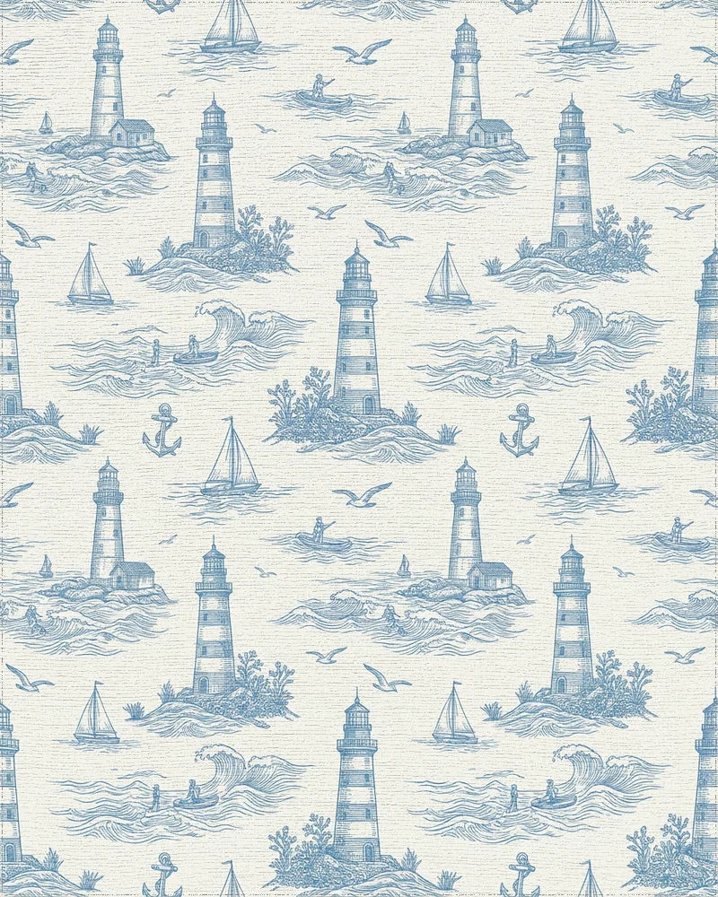 Coastal Blue Lighthouse Sailboat Scene Rug - Cutout View