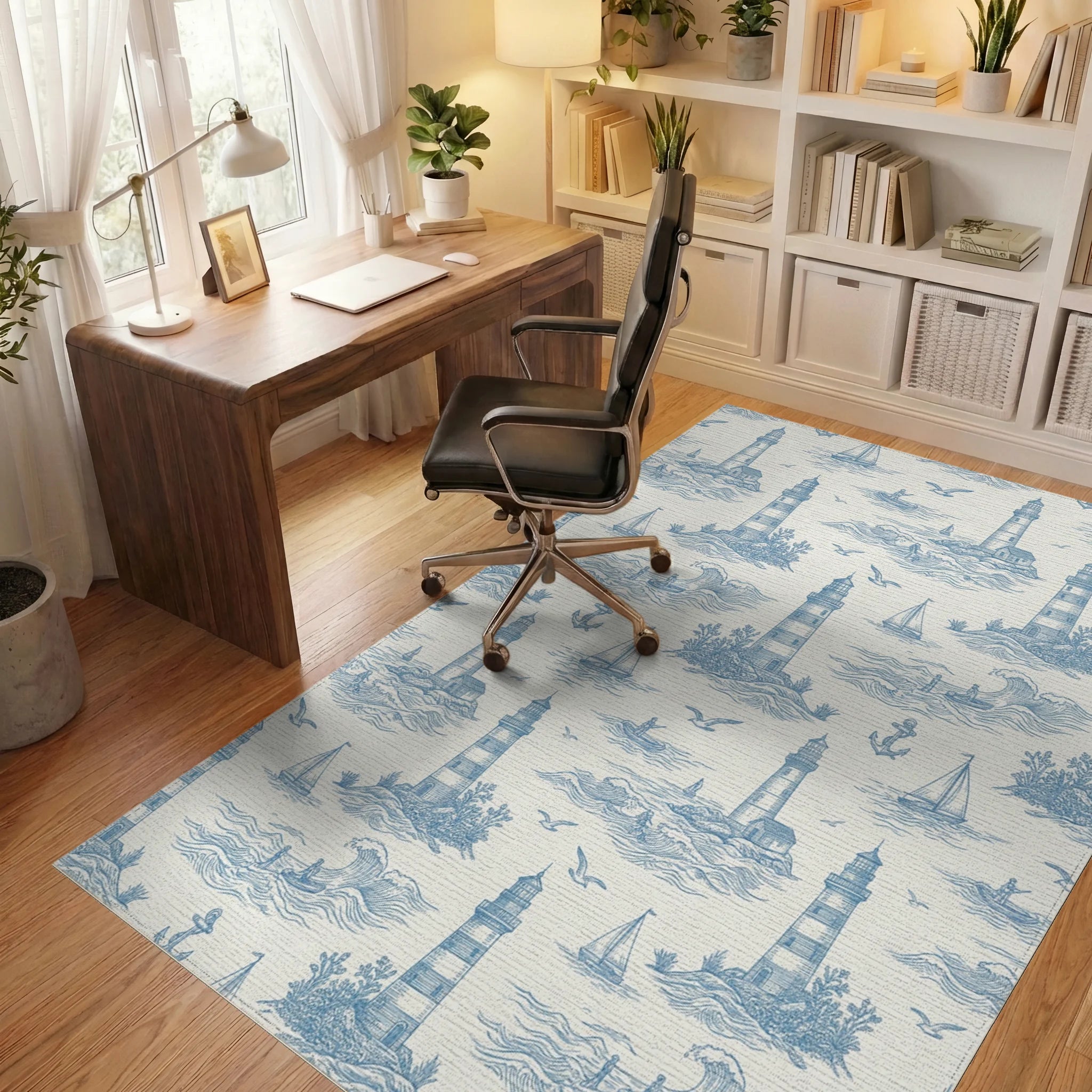 Coastal Blue Lighthouse Sailboat Scene Rug Office View
