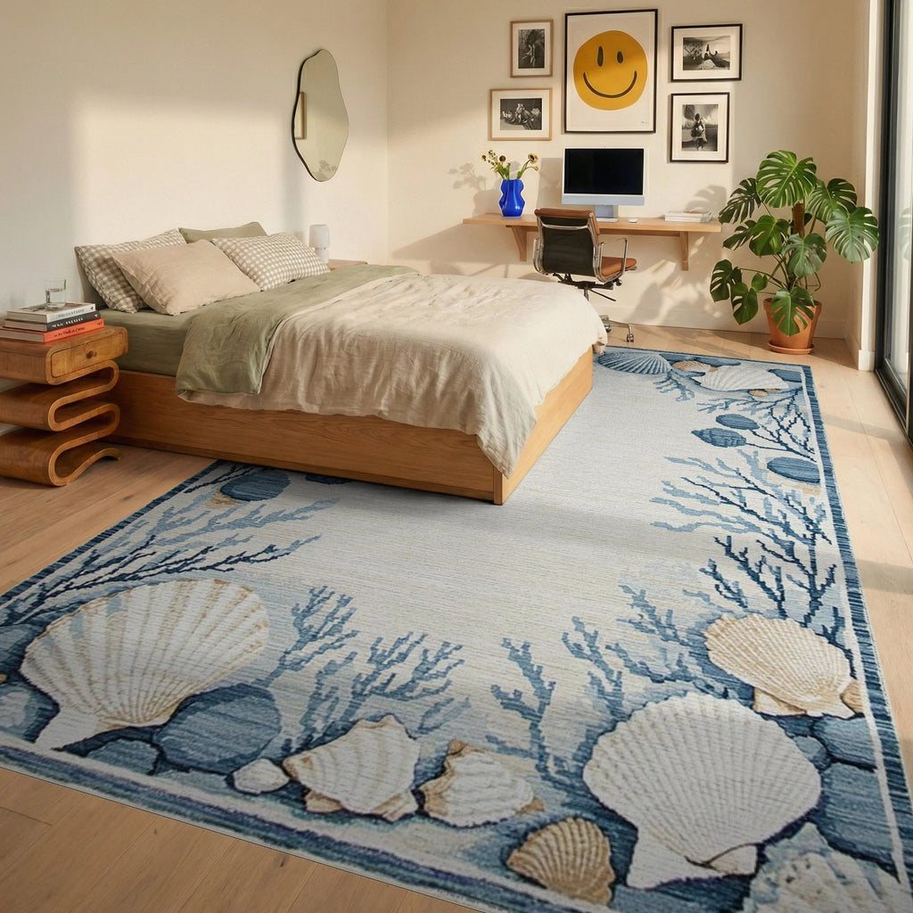 Coastal Blue Seashell Coral Border Rug - Bedroom View