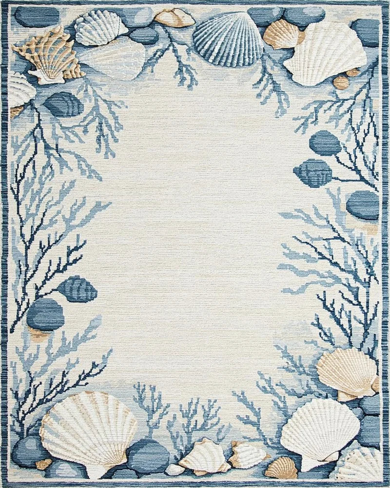Coastal Blue Seashell Coral Border Rug - Cutout View