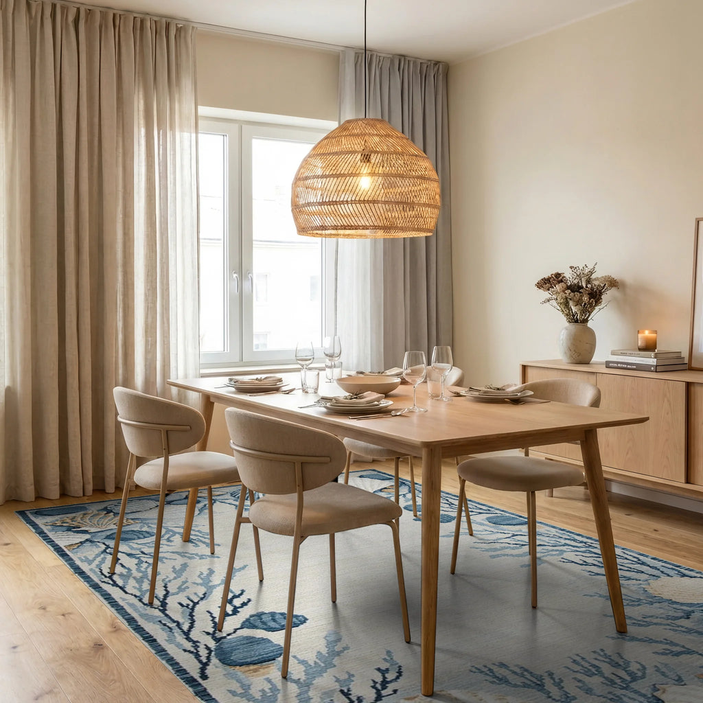 Coastal Blue Seashell Coral Border Rug - Dining Room View