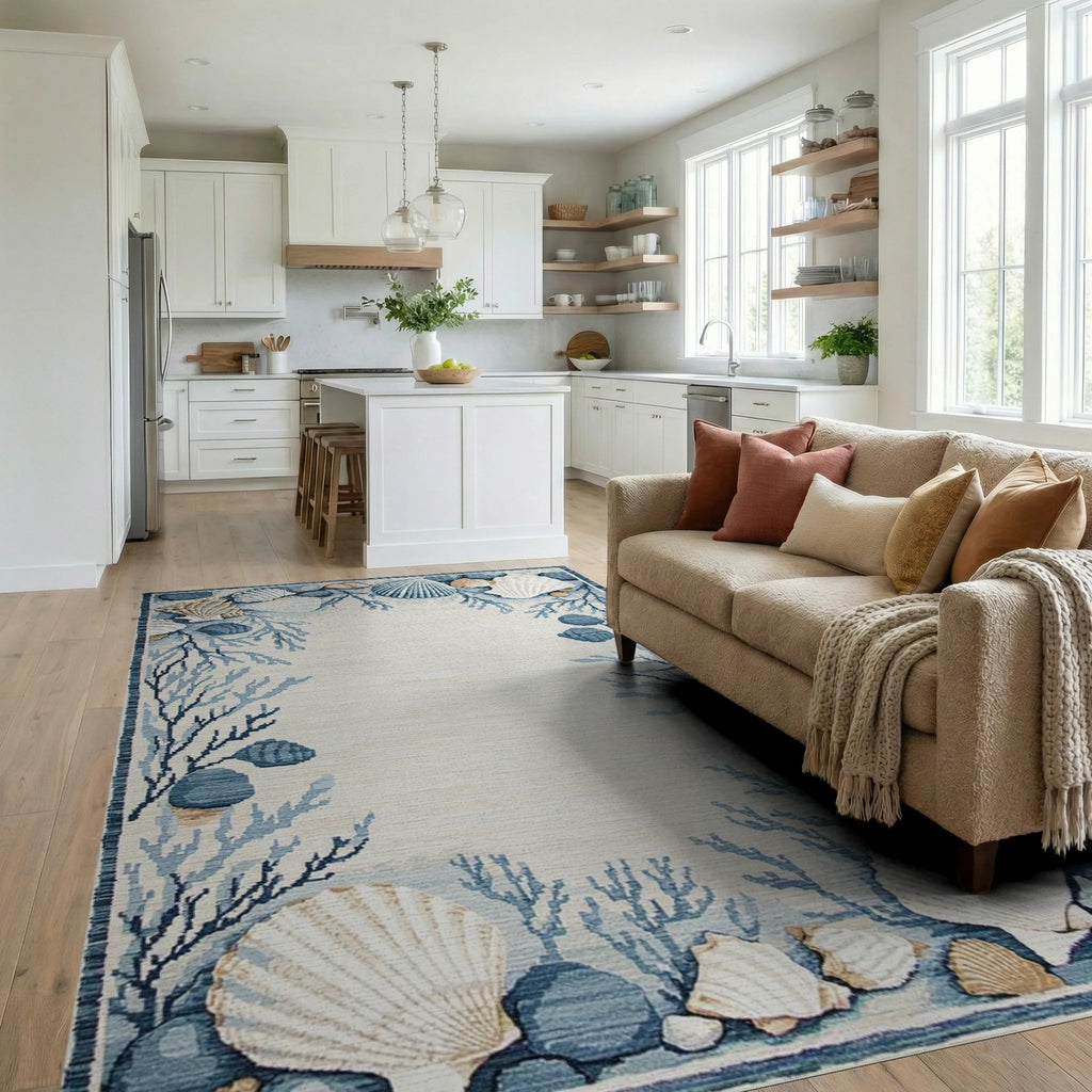 Coastal Blue Seashell Coral Border Rug - Living Room View