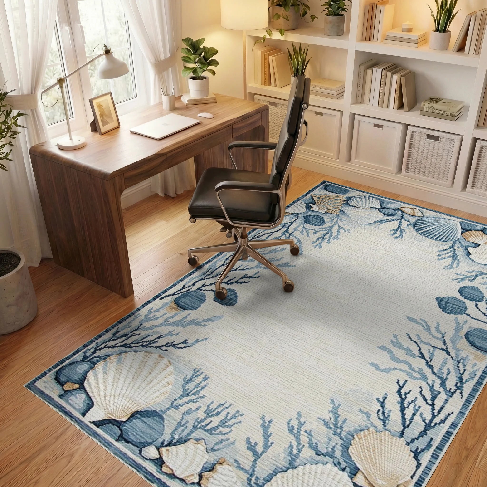 Coastal Blue Seashell Coral Border Rug - Office View