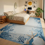 Coastal Blue Seashell Starfish Coral Rug - Bedroom View