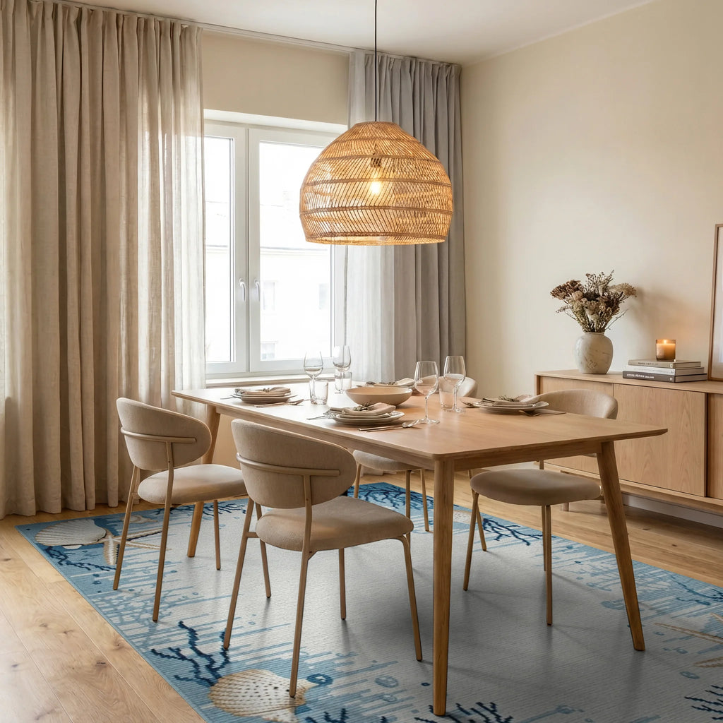 Coastal Blue Seashell Starfish Coral Rug - Dining Room View