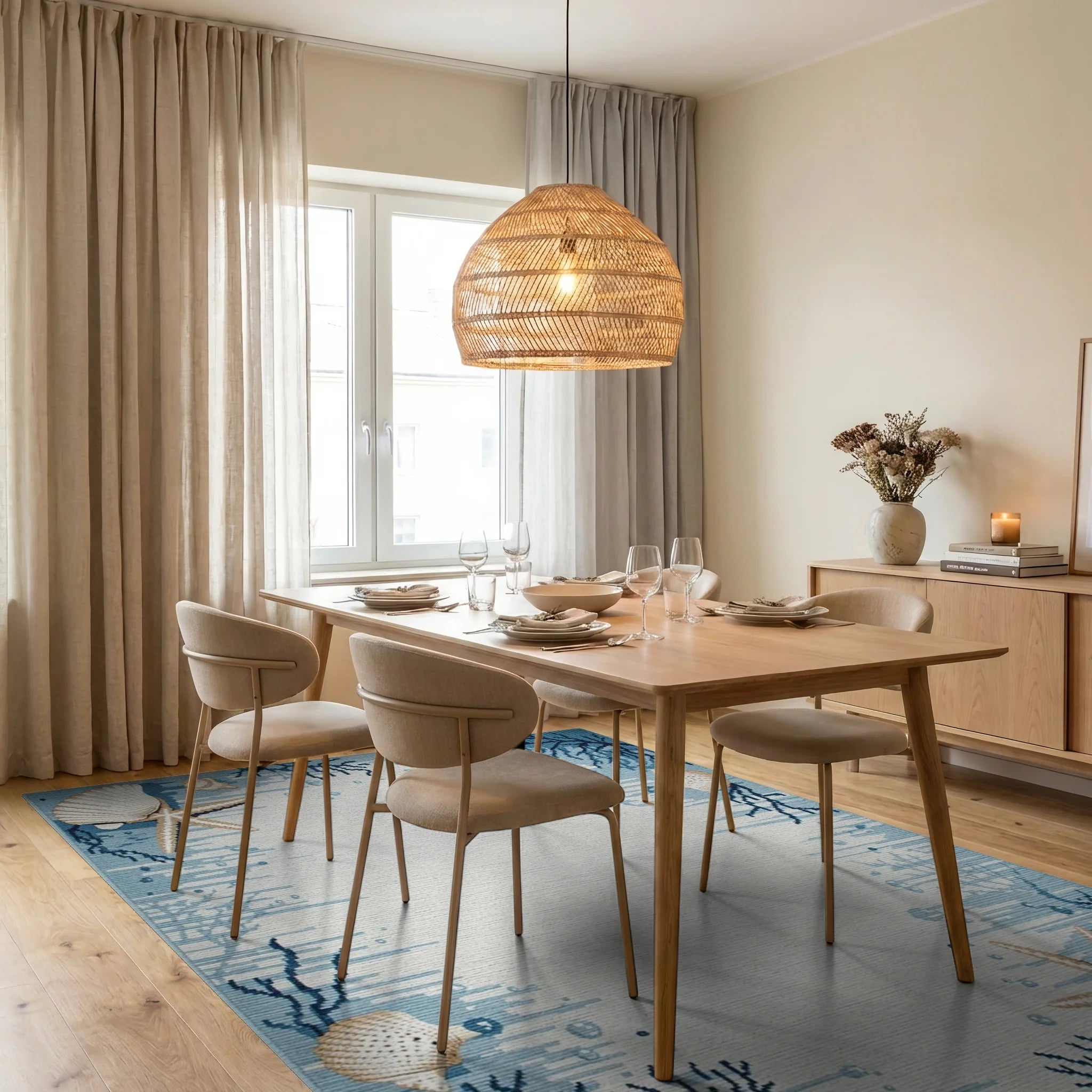 Coastal Blue Seashell Starfish Coral Rug - Dining Room View