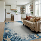 Coastal Blue Seashell Starfish Coral Rug - Living Room View