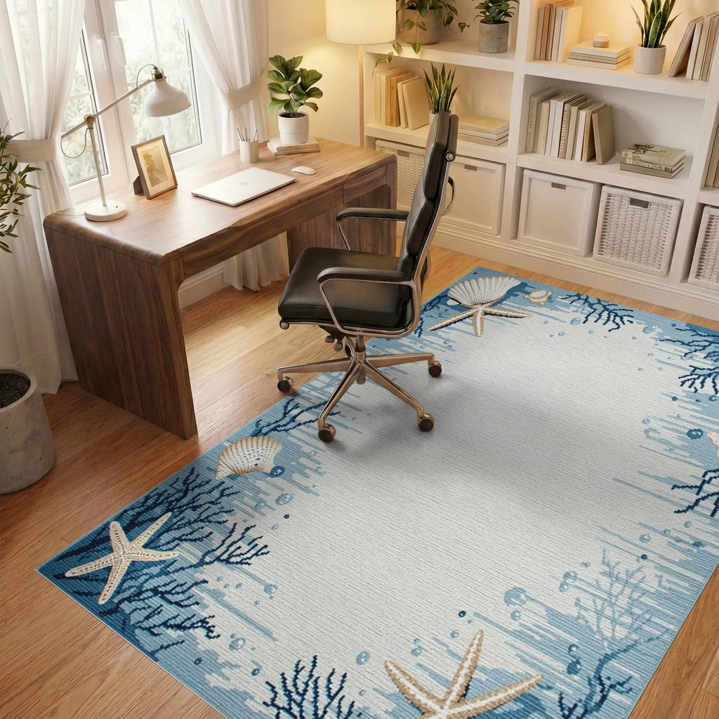 Coastal Blue Seashell Starfish Coral Rug - Office View