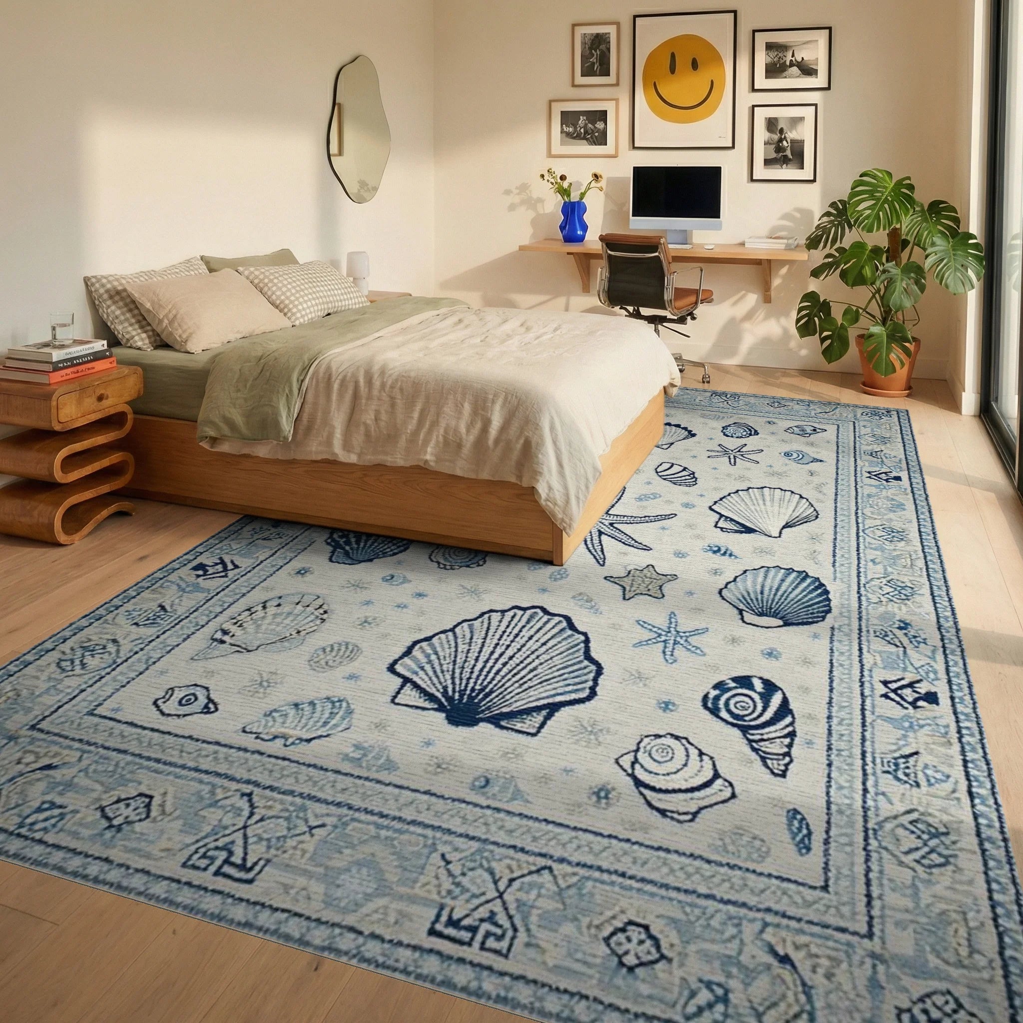 Coastal Blue Shell Starfish Scene Rug - Bedroom View