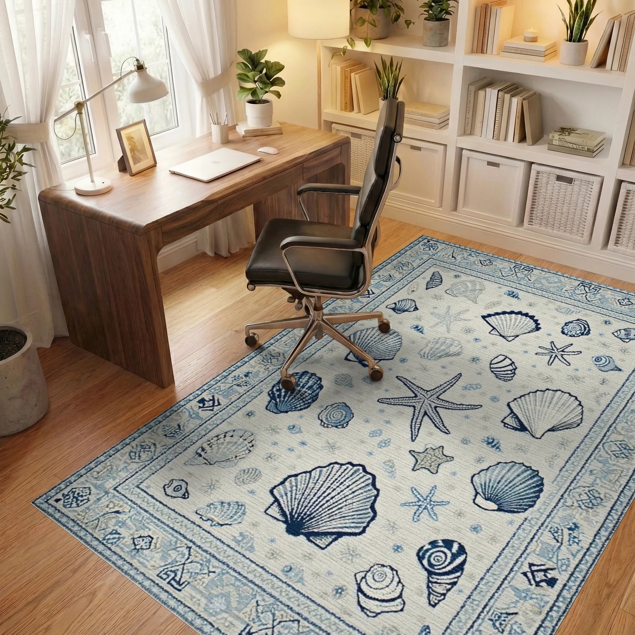 Coastal Blue Shell Starfish Scene Rug - Office View