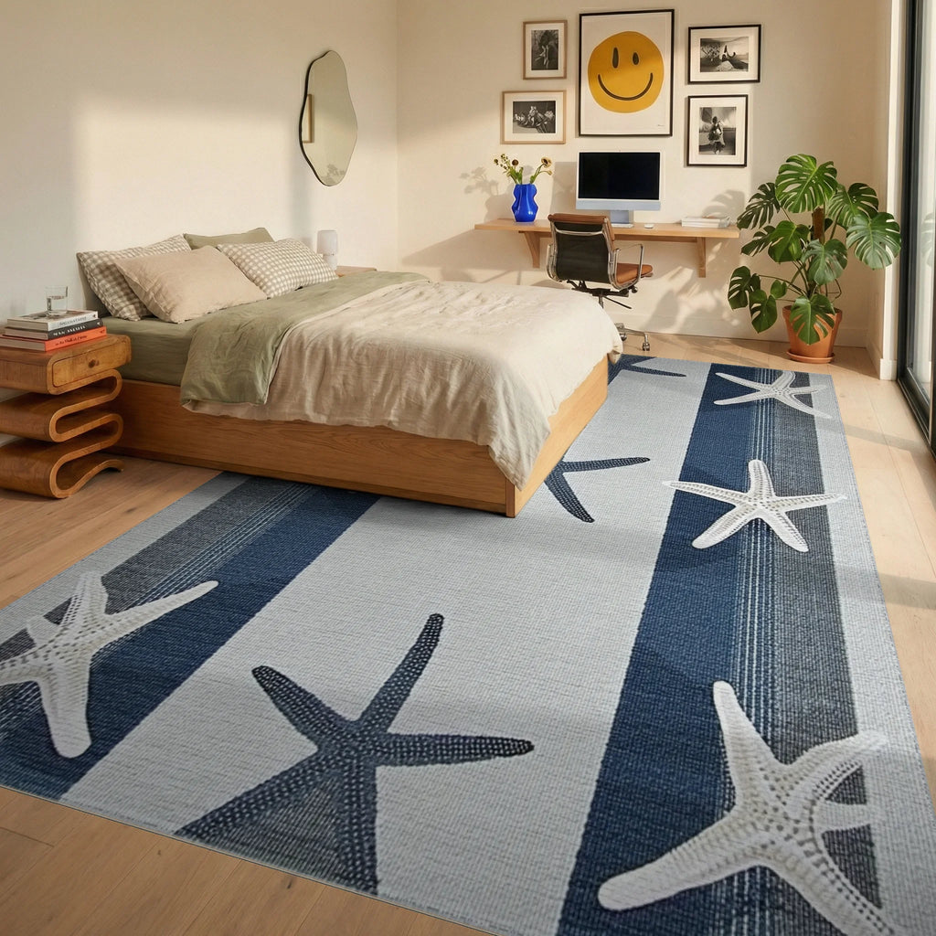 Coastal Blue Starfish Striped Rug - Bedroom View