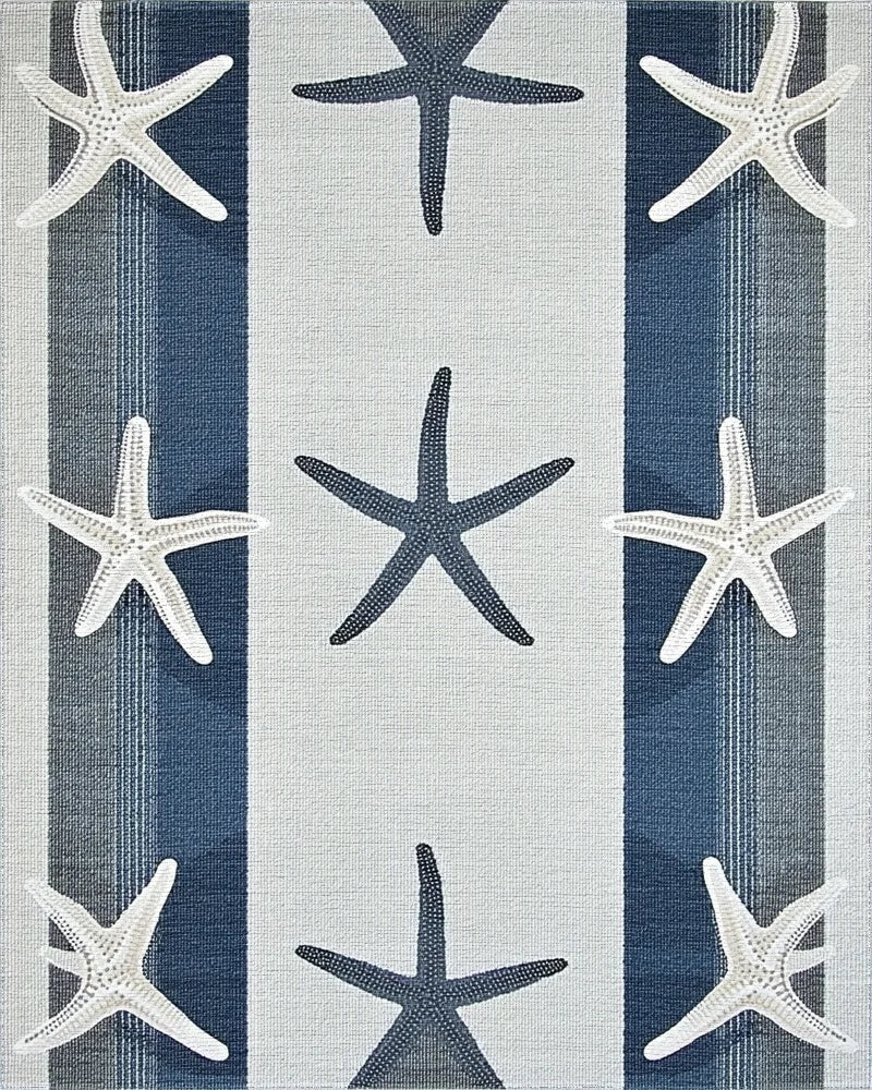 Coastal Blue Starfish Striped Rug - Cutout View