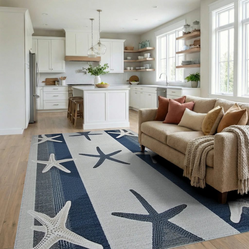 Coastal Blue Starfish Striped Rug - Living Room View