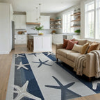 Coastal Blue Starfish Striped Rug - Living Room View