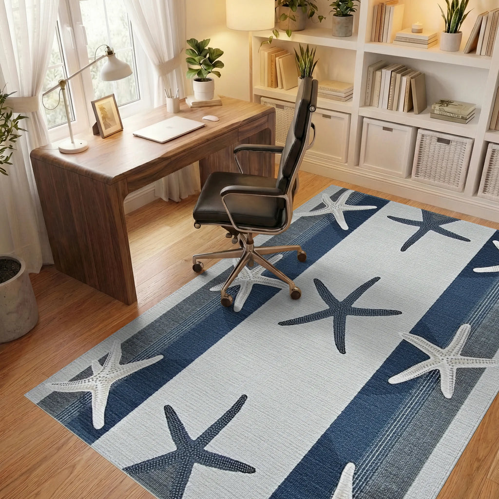 Coastal Blue Starfish Striped Rug - Office View