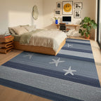 Coastal Blue Stripe Starfish Rug - Bedroom View