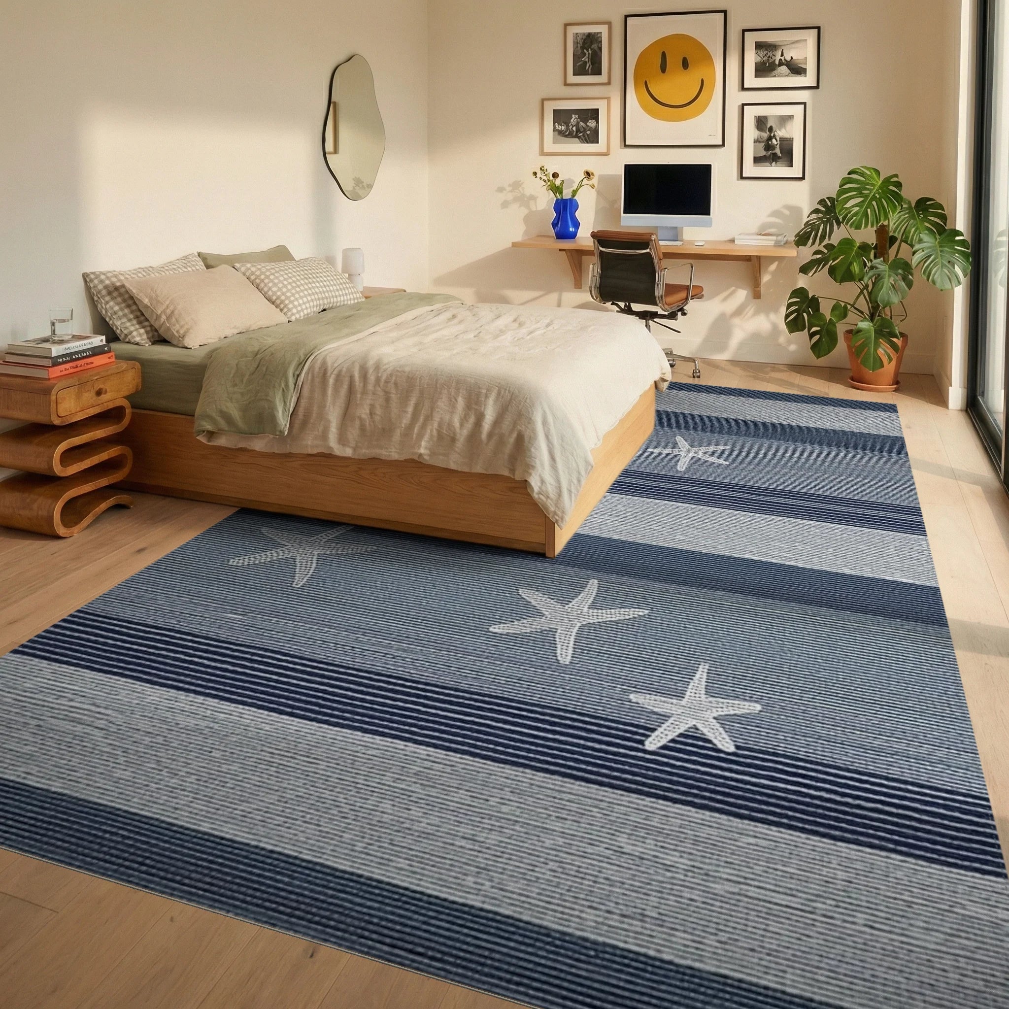Coastal Blue Stripe Starfish Rug - Bedroom View