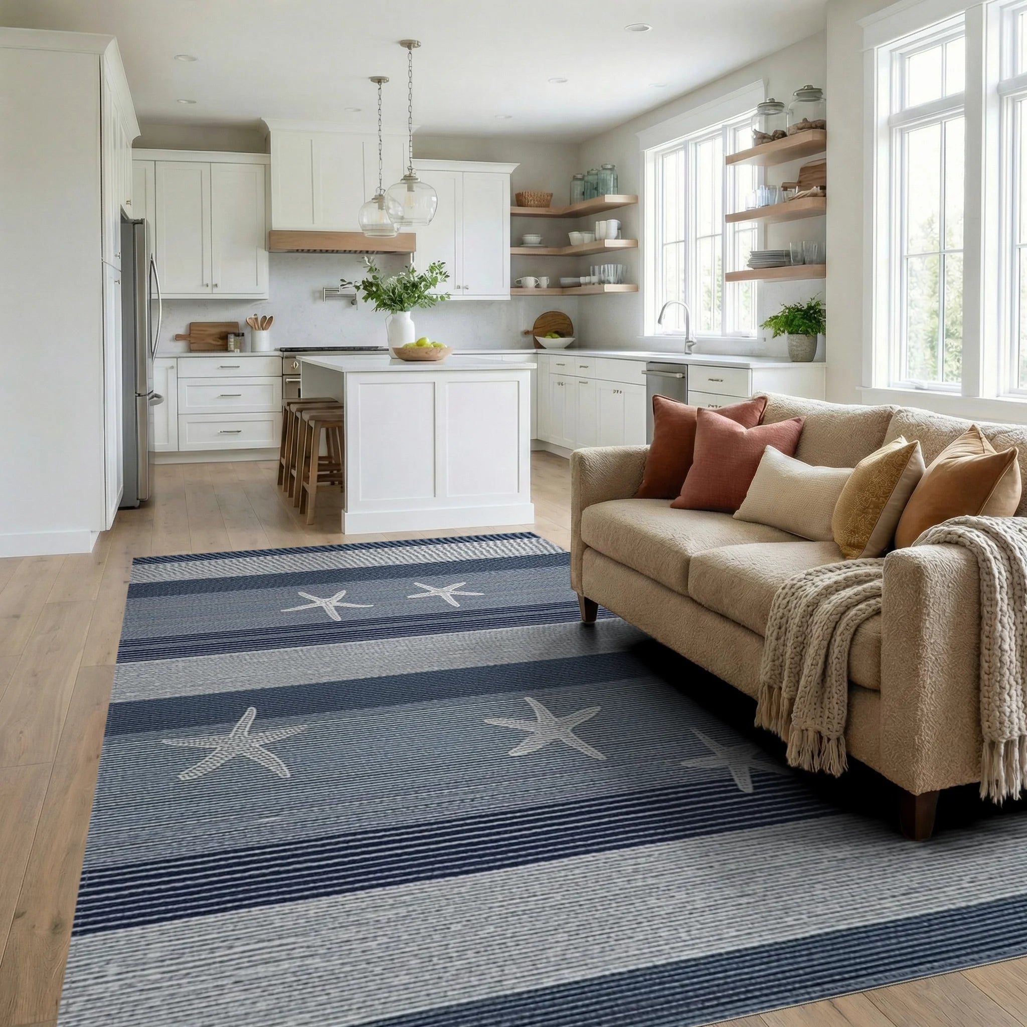 Coastal Blue Stripe Starfish Rug - Living Room View
