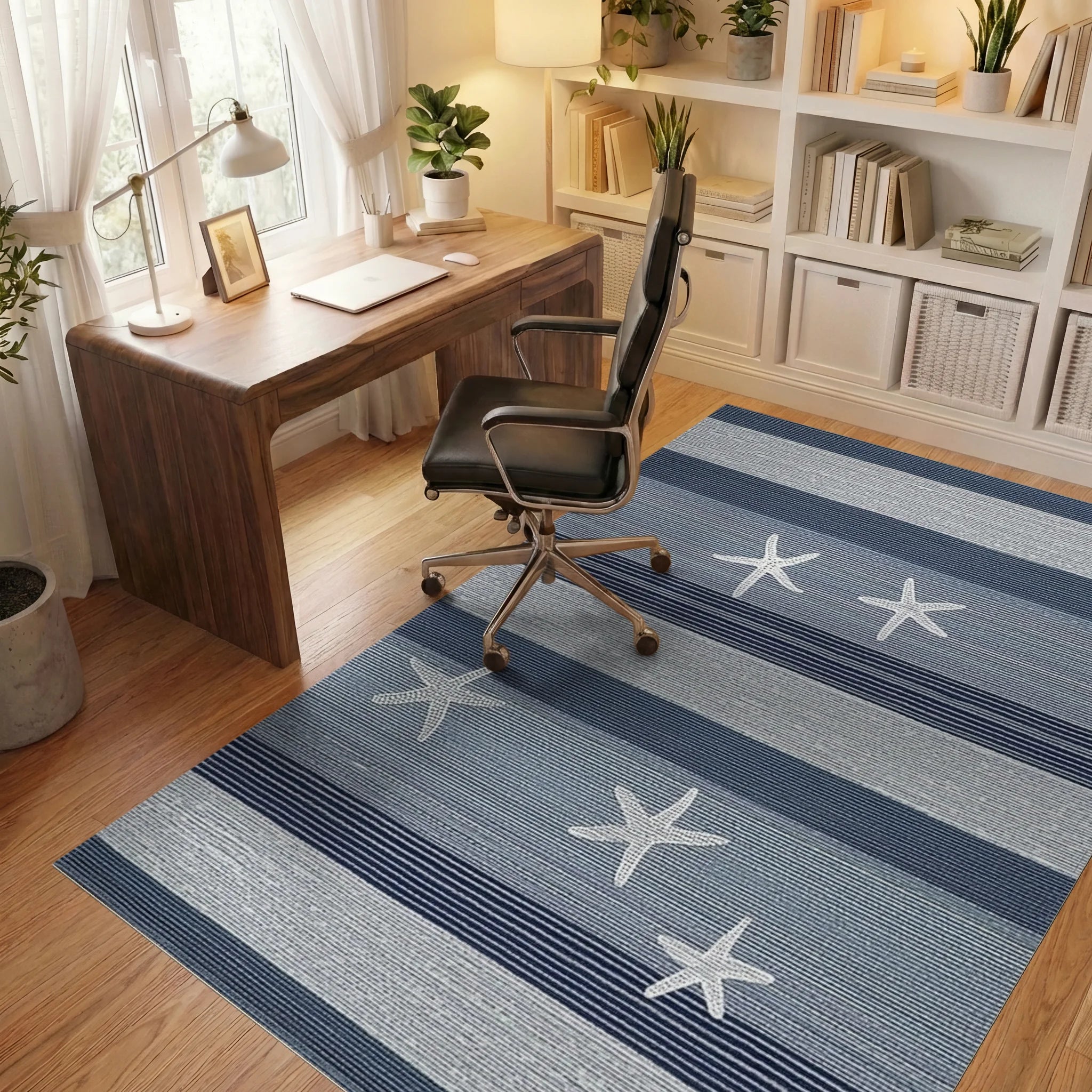 Coastal Blue Stripe Starfish Rug - Office View