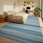 Coastal Blue Stripe Textured Rug - Bedroom View
