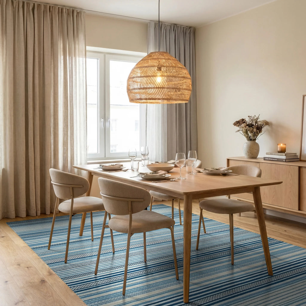 Coastal Blue Stripe Textured Rug - Dining Room View