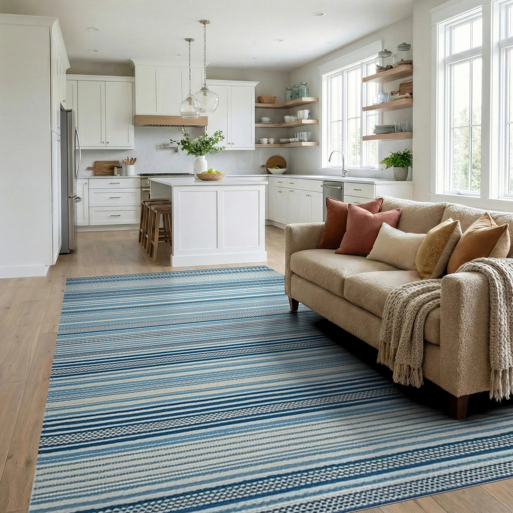 Coastal Blue Stripe Textured Rug - Living Room View